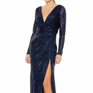 Ieena for Mac Duggal - LONG SLEEVE RUCHED FAUX WRAP SEQUINED GOWN